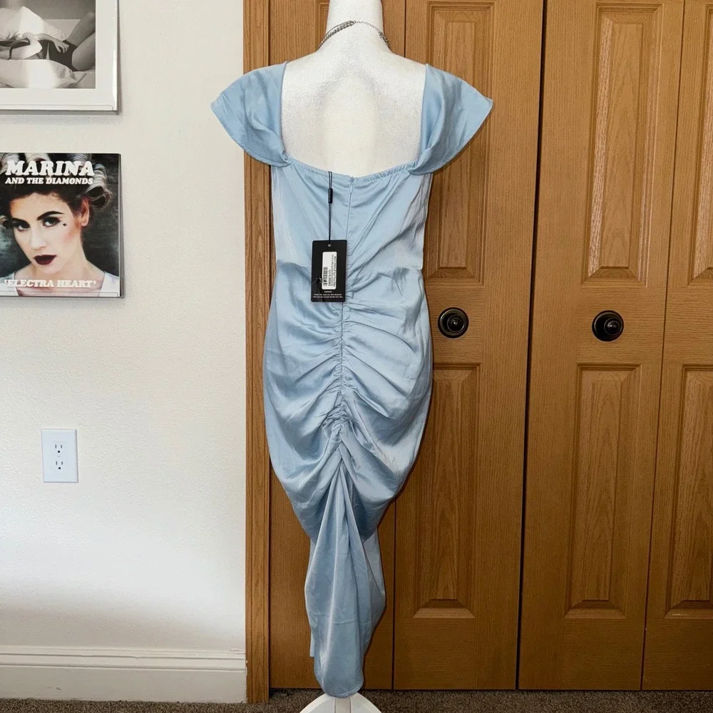 PrettyLittleThing Baby Blue Corset Draped Bardot Midi Dress US 10 NWT Cocktail